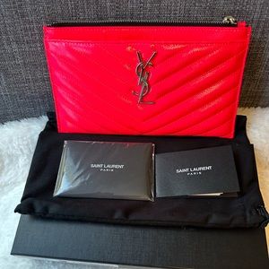 YSL Patent Grain De Poudre Matelasse Chevron Monogram Bill Pouch Neon Pink